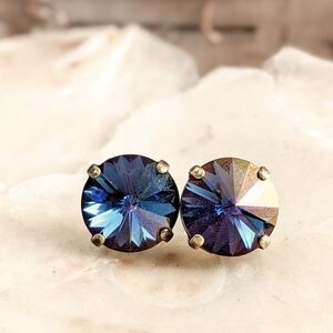 Large Volcano Blue And Purple Swarovski Crystal Stud Earrings In Brass